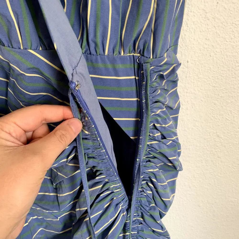 NWT Veronica Beard Teagan Stripe Ruched V-Neck Midi Dress in Blue/Kelly Green - Picture 8 of 15